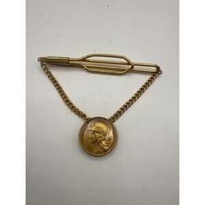 Vintage Gold-Tone Tie Bar With Chain & Roman Coin Pendant Design